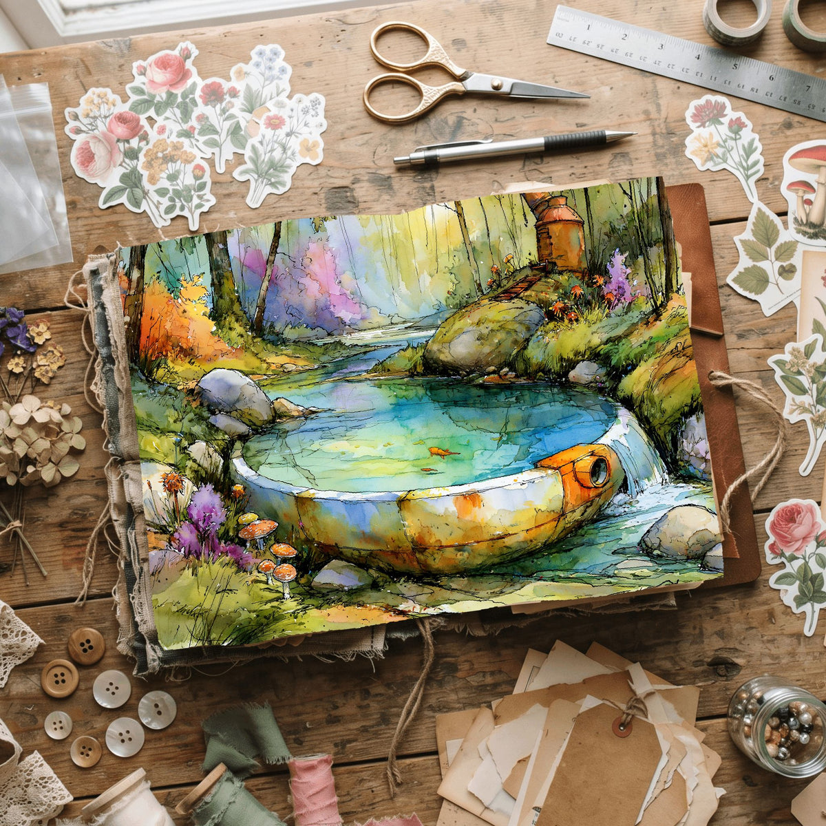 Peaceful Woodland Brook Watercolor