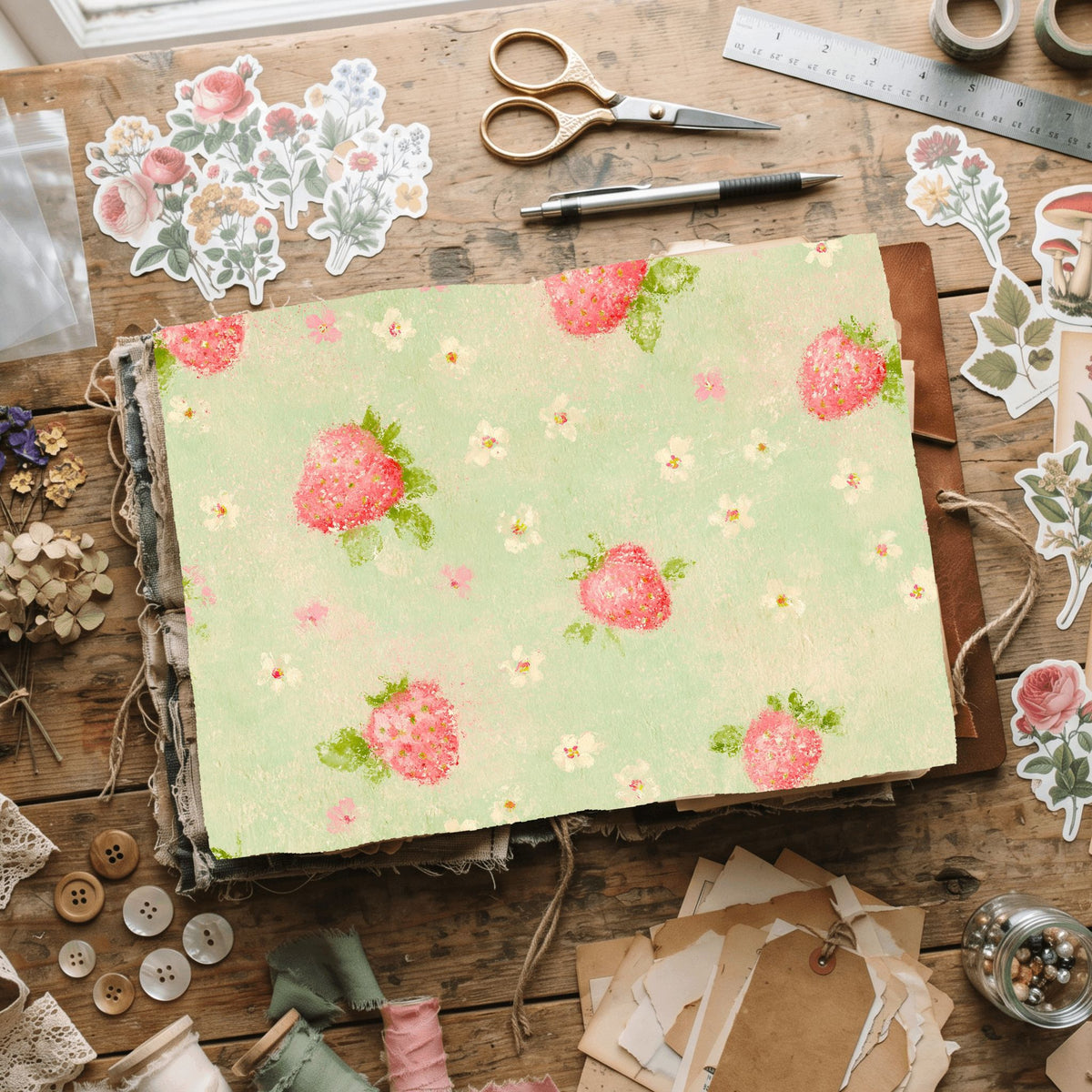 Strawberry Botanical Scrapbook Paper