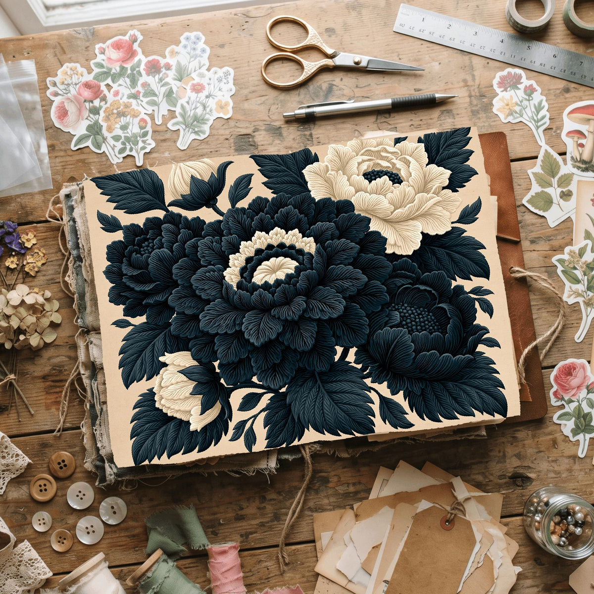 Vintage Black Ink Floral Illustration