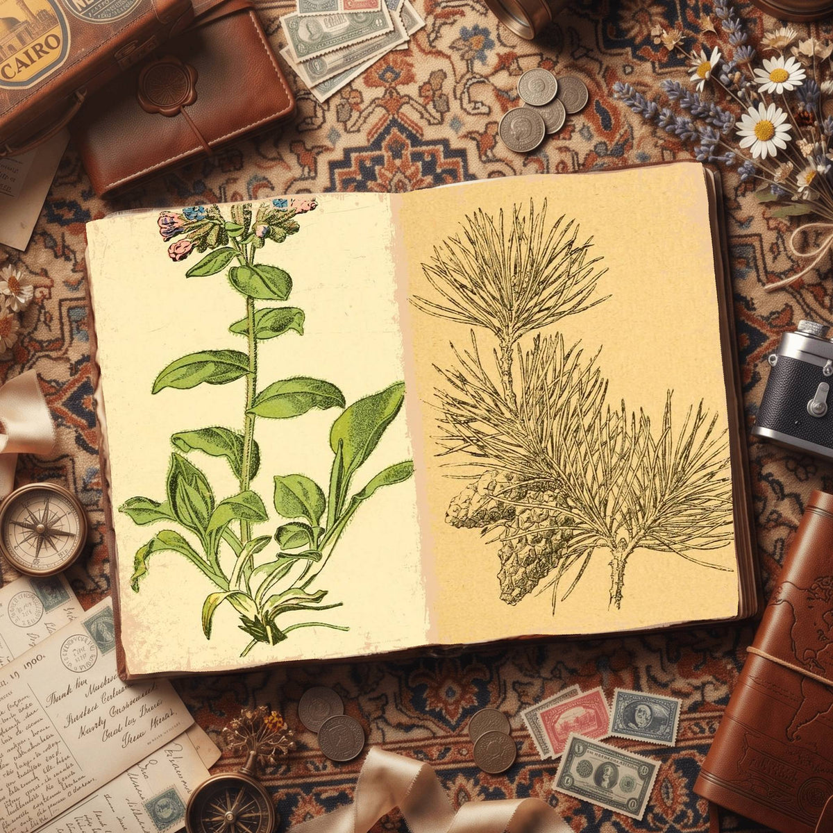 Botanical floral printable junk journal papers, digital download preview