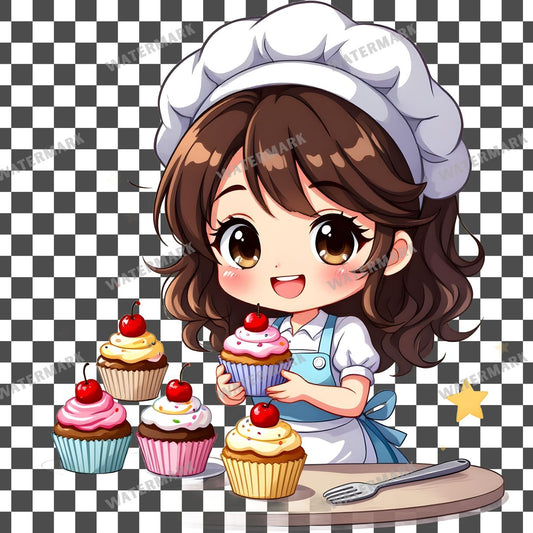 Chibi Baker Cupcakes clipart PNG on a transparent background, design 1