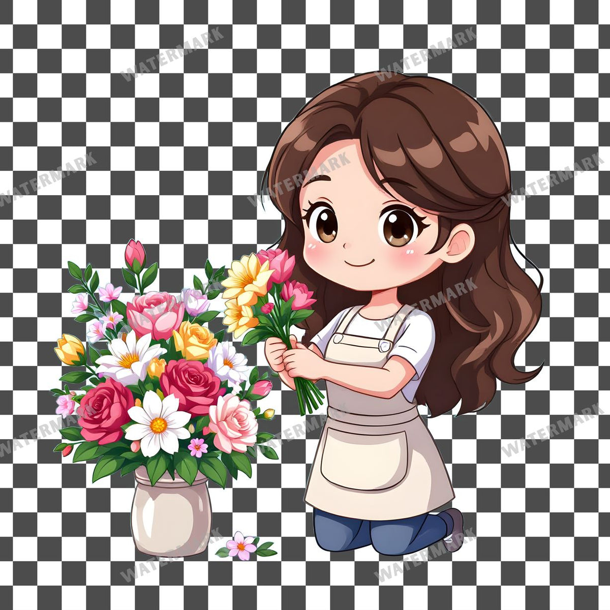 Chibi Florist Arranging Flowers clipart PNG on a transparent background, design 1