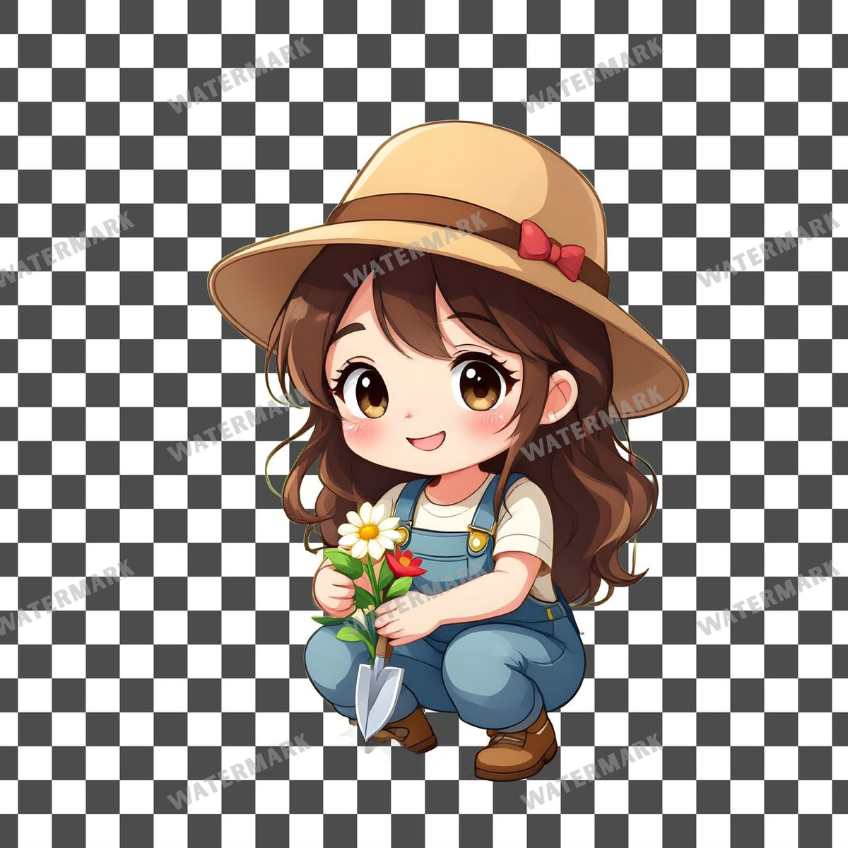Chibi Gardener Planting Flowers clipart PNG on a transparent background, design 1