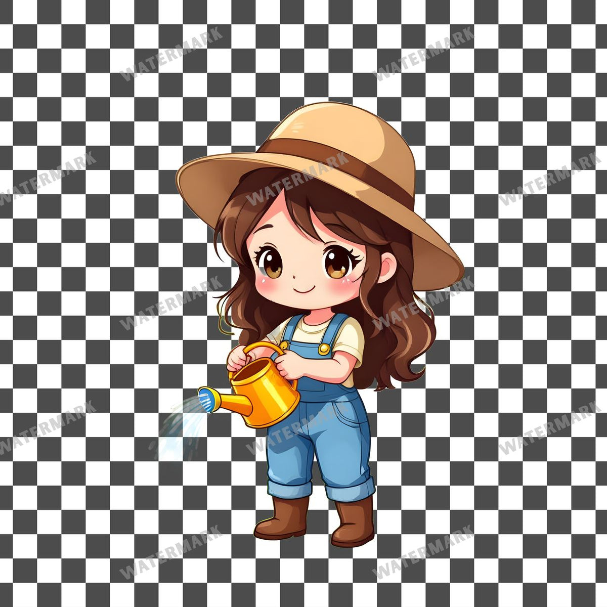Chibi Gardener Watering Flowers clipart PNG on a transparent background, design 1