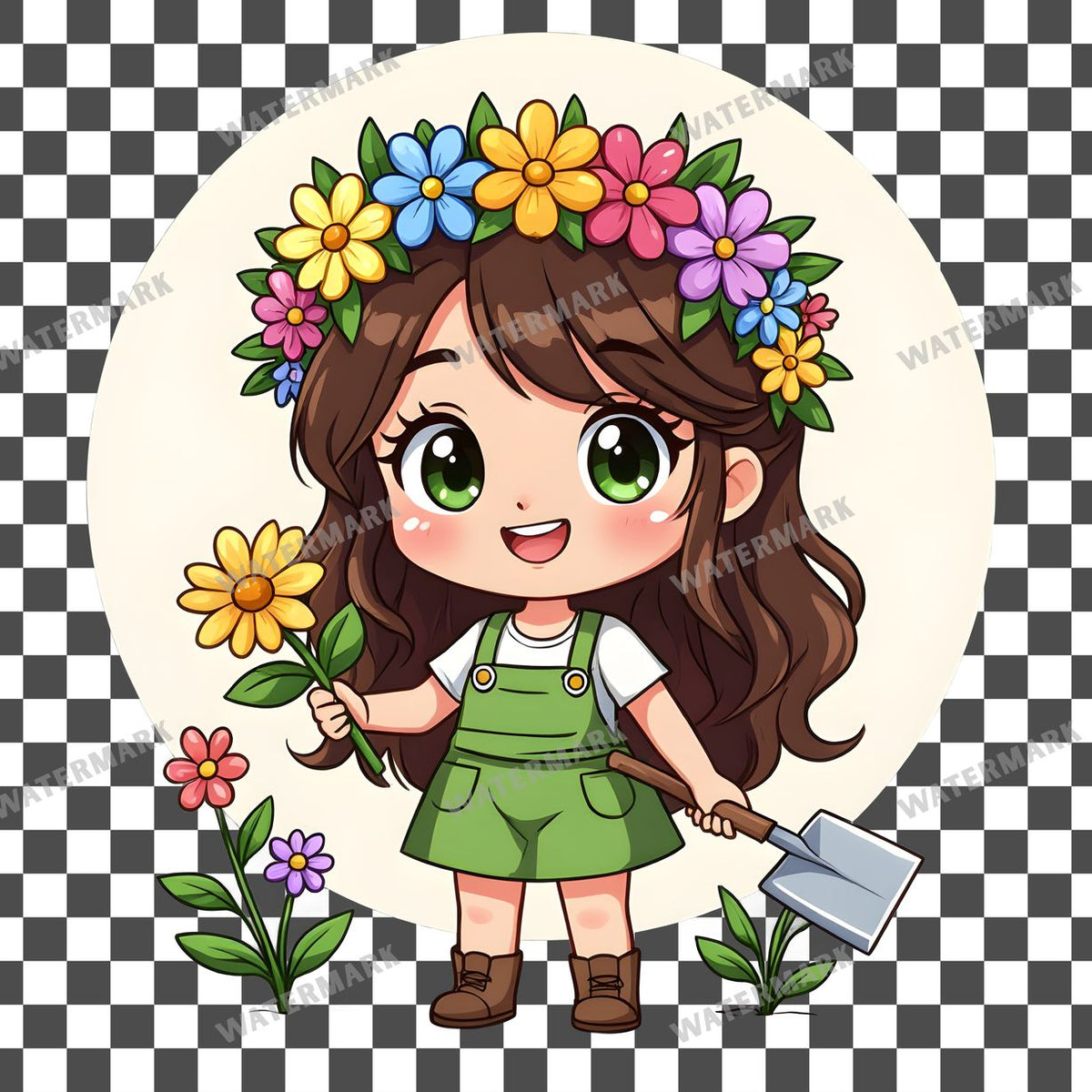 Chibi Gardener Flower clipart PNG on a transparent background, design 1