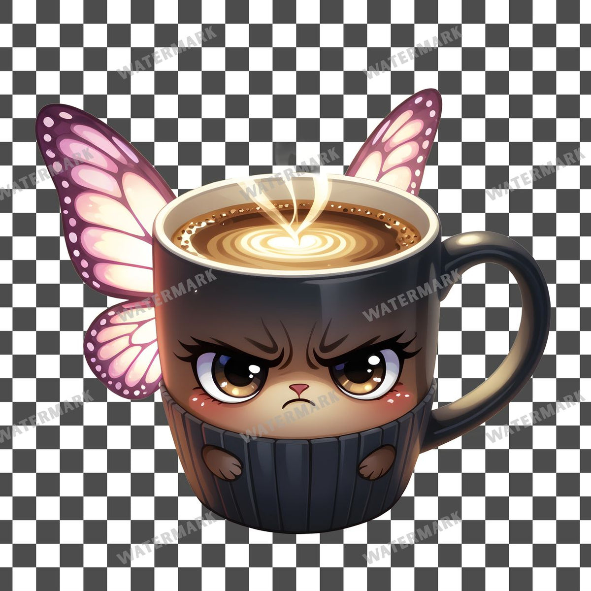 Chibi Grumpy Coffee Mug clipart PNG on a transparent background, design 1