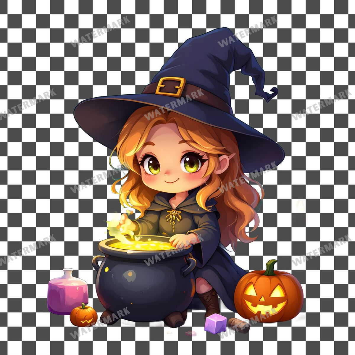 Chibi Witch Brewing clipart PNG on a transparent background, design 1