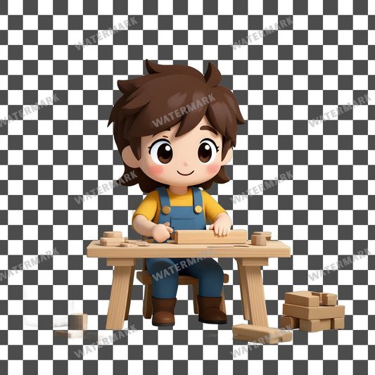 Chibi Woodworker Crafting Furniture clipart PNG on a transparent background, design 1