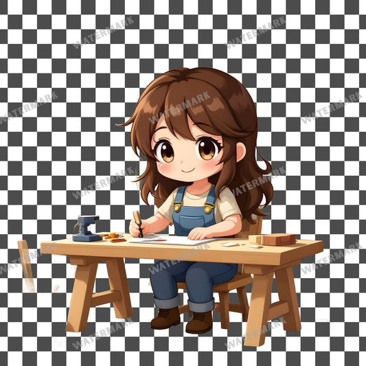 Chibi Woodworker Crafting Furniture clipart PNG on a transparent background, design 1