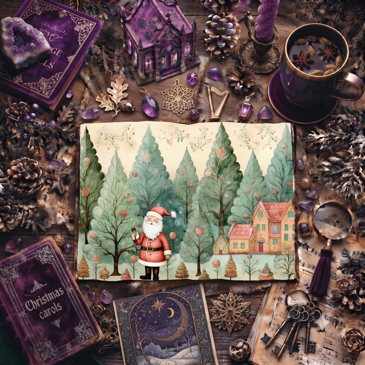 Christmas Santa Claus And Trees Digital Papers