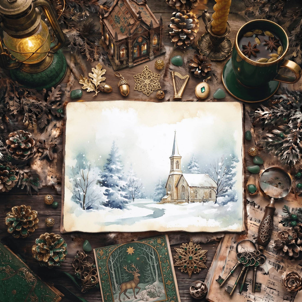 Christmas Snowy Church Digital Papers