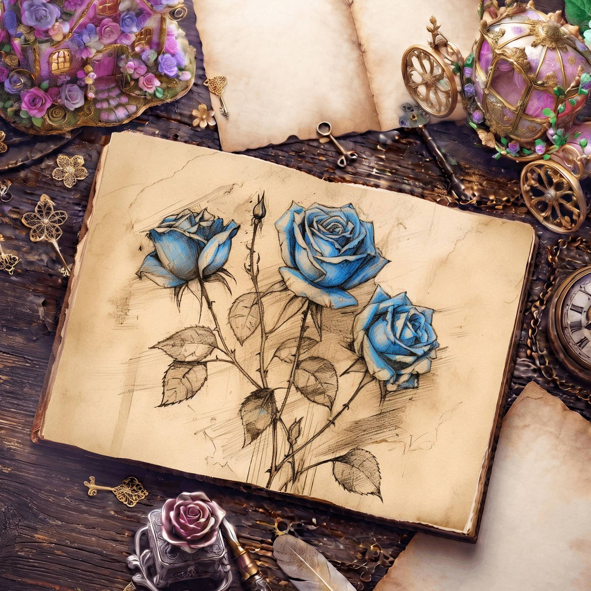Decaying Blue Roses Digital Papers