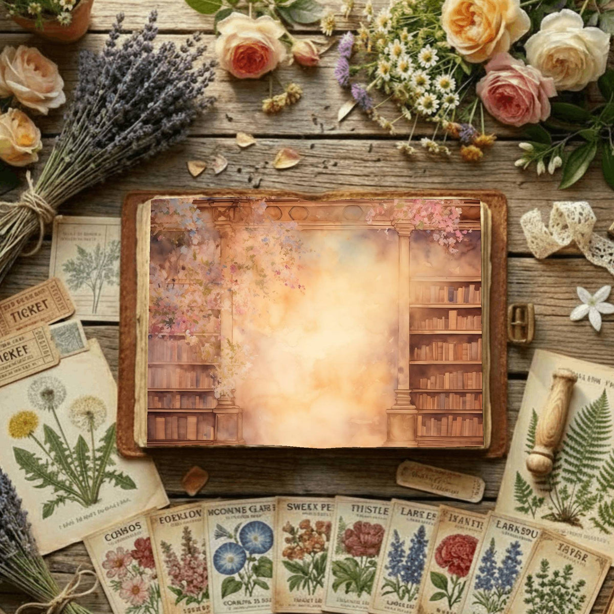 Floral Bookcase Digital Papers