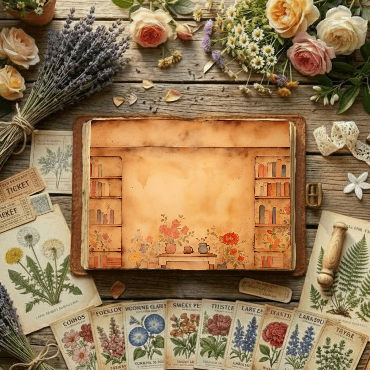 Floral Bookcase Digital Papers