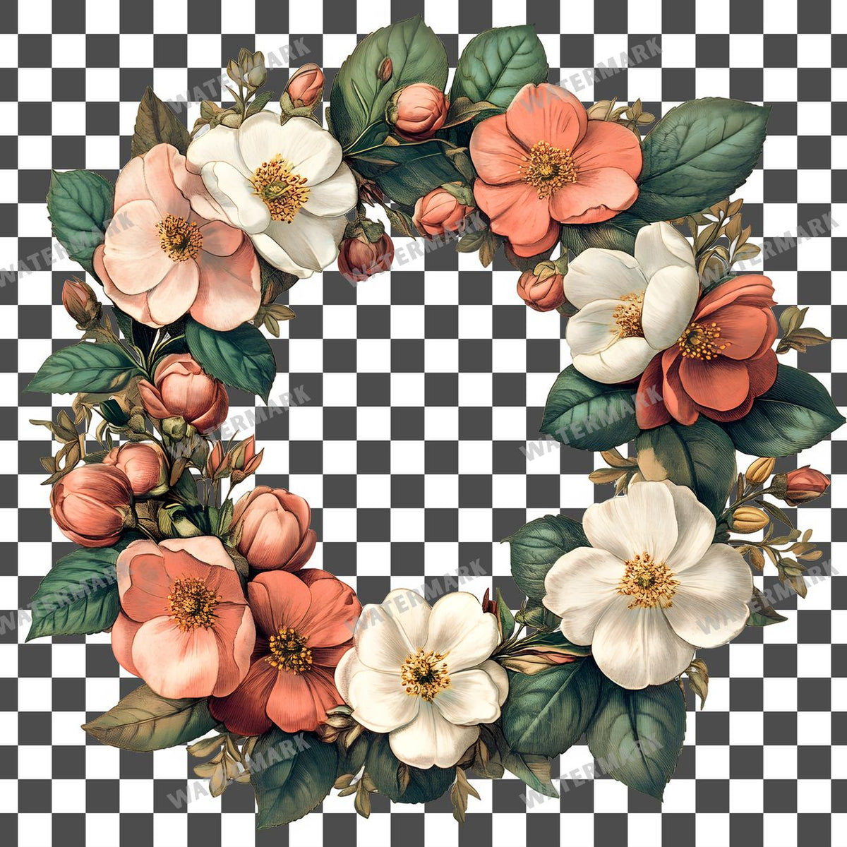 Floral Wreath Vintage Style clipart PNG on a transparent background, design 1