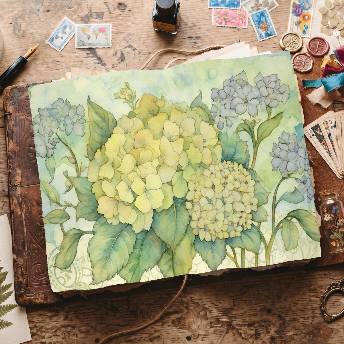 Green Hydrangea Digital Papers