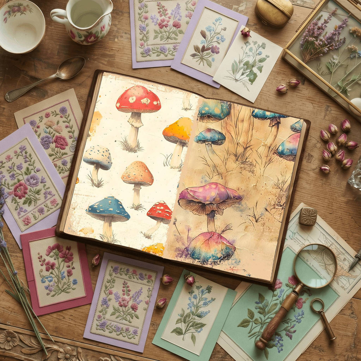 Mushroom cottagecore printable junk journal papers, digital download preview