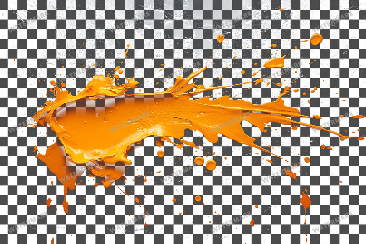 Orange Paint Splatter Abstract Splashes PNG overlay on a transparent checkered background, preview 1
