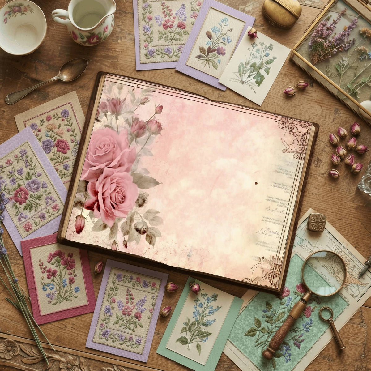 Pink Rose floral printable junk journal papers, digital download preview