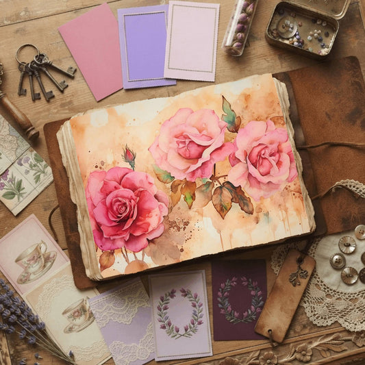 Pink Rose floral printable junk journal papers, digital download preview