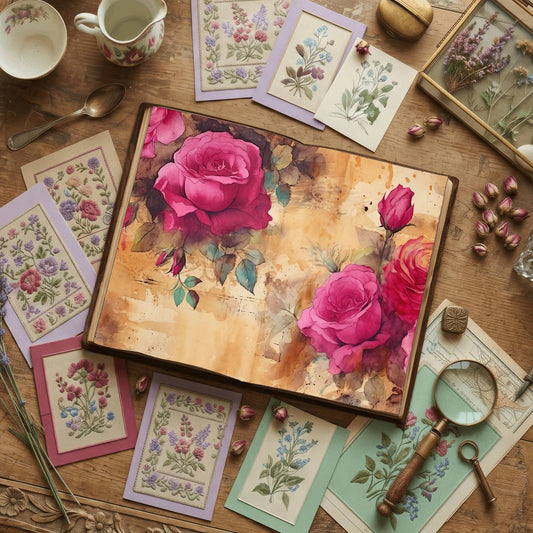 Pink Rose floral printable junk journal papers, digital download preview