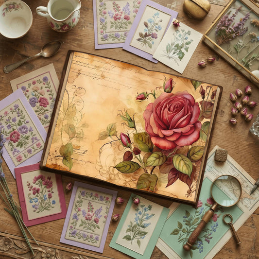 Pink Rose floral printable junk journal papers, digital download preview