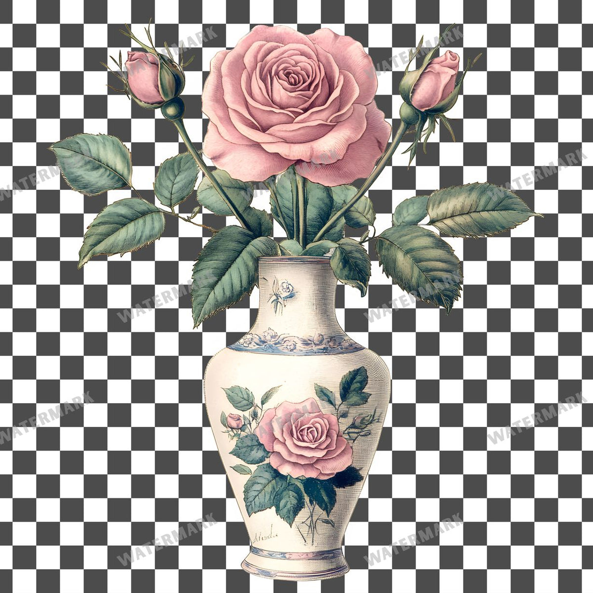 Pink Roses Vintage Style clipart PNG on a transparent background, design 1