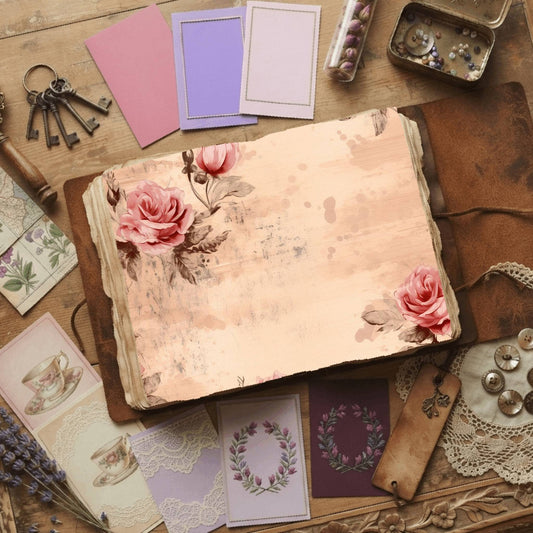 Pink Roses floral printable junk journal papers, digital download preview