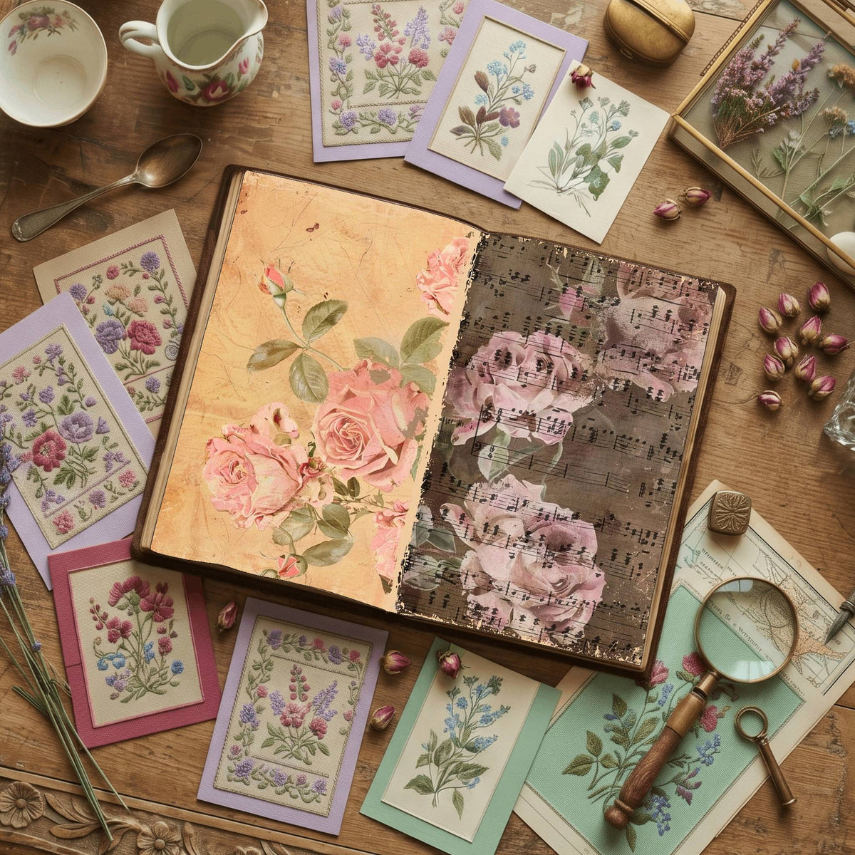 Pink Roses floral printable junk journal papers, digital download preview