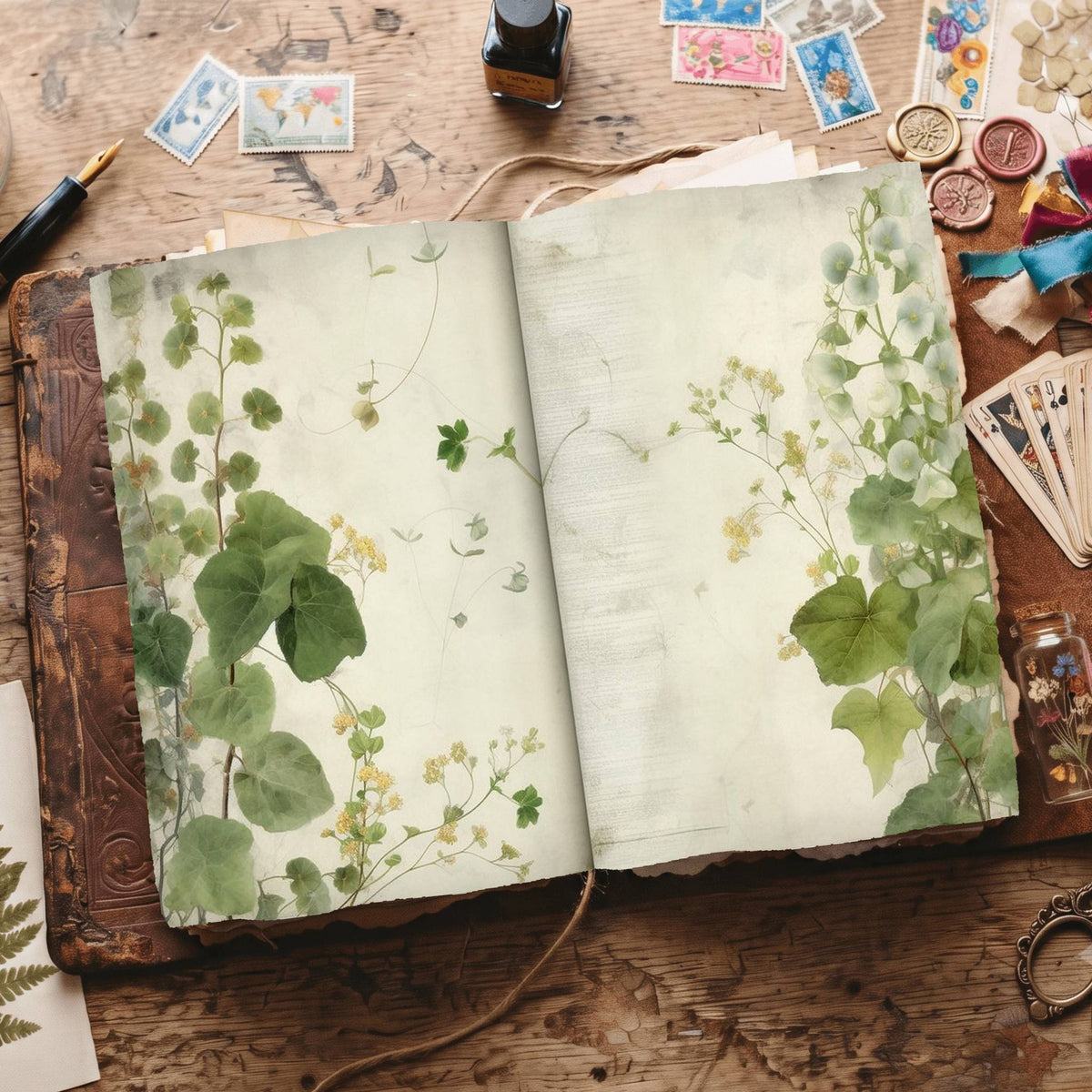 Plain Leafy Green printable junk journal papers, digital download preview
