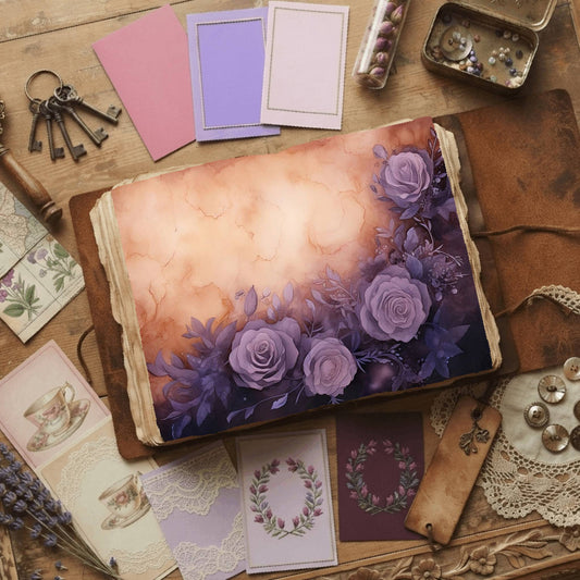 Purple Roses floral printable junk journal papers, digital download preview