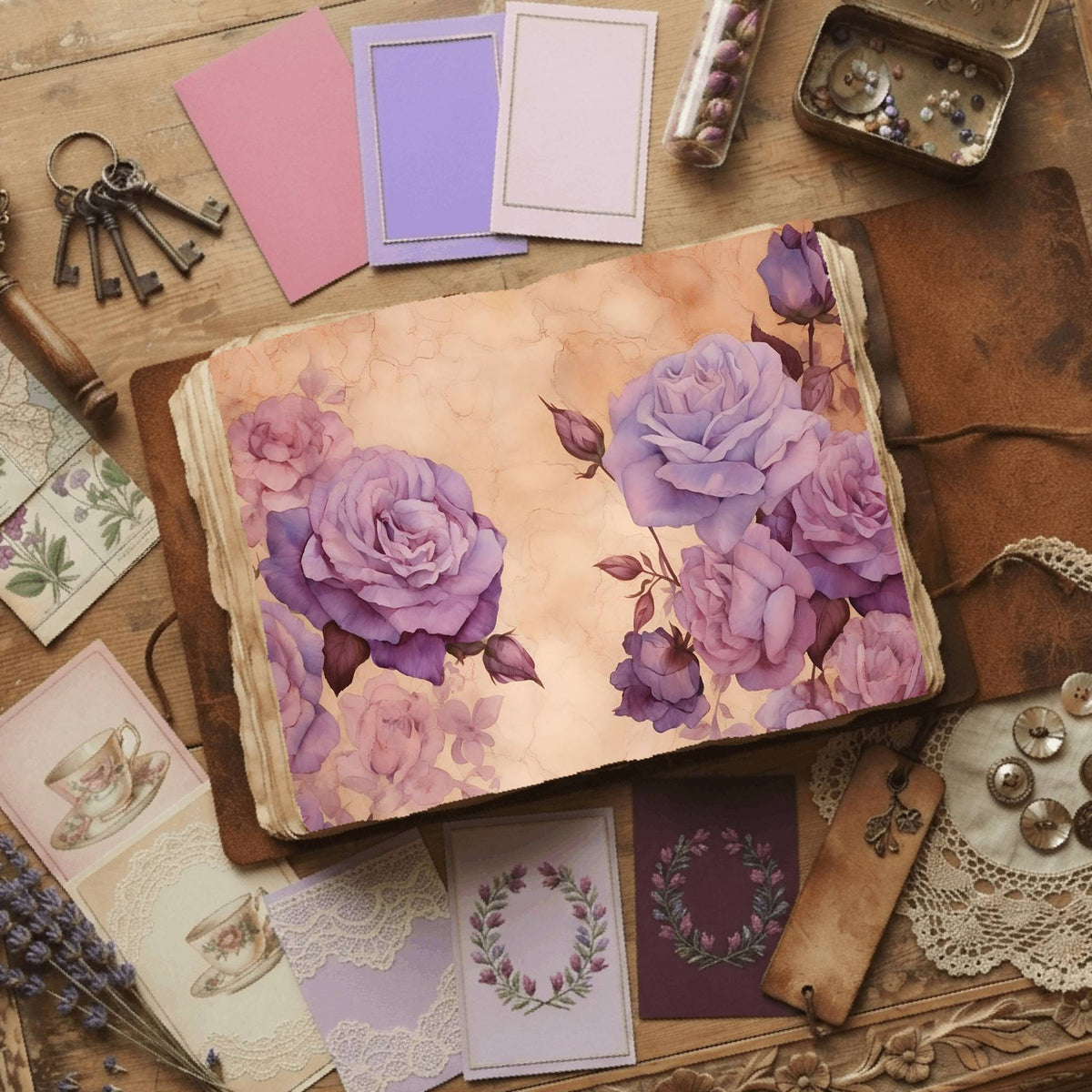 Purple Roses floral printable junk journal papers, digital download preview