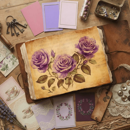 Purple Roses floral printable junk journal papers, digital download preview