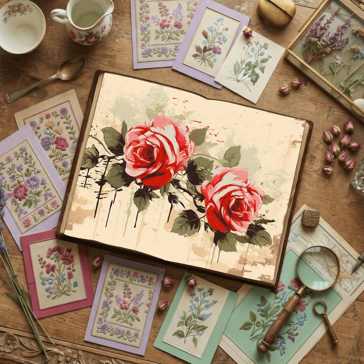 Red Roses floral printable junk journal papers, digital download preview