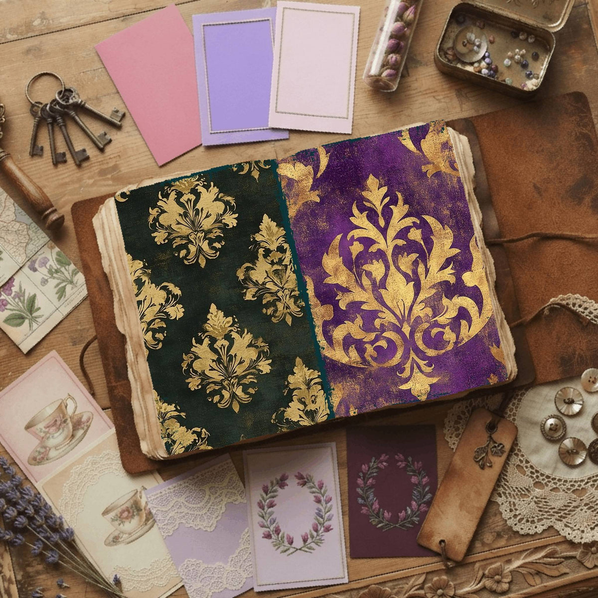 Regal Damask printable junk journal papers, digital download preview