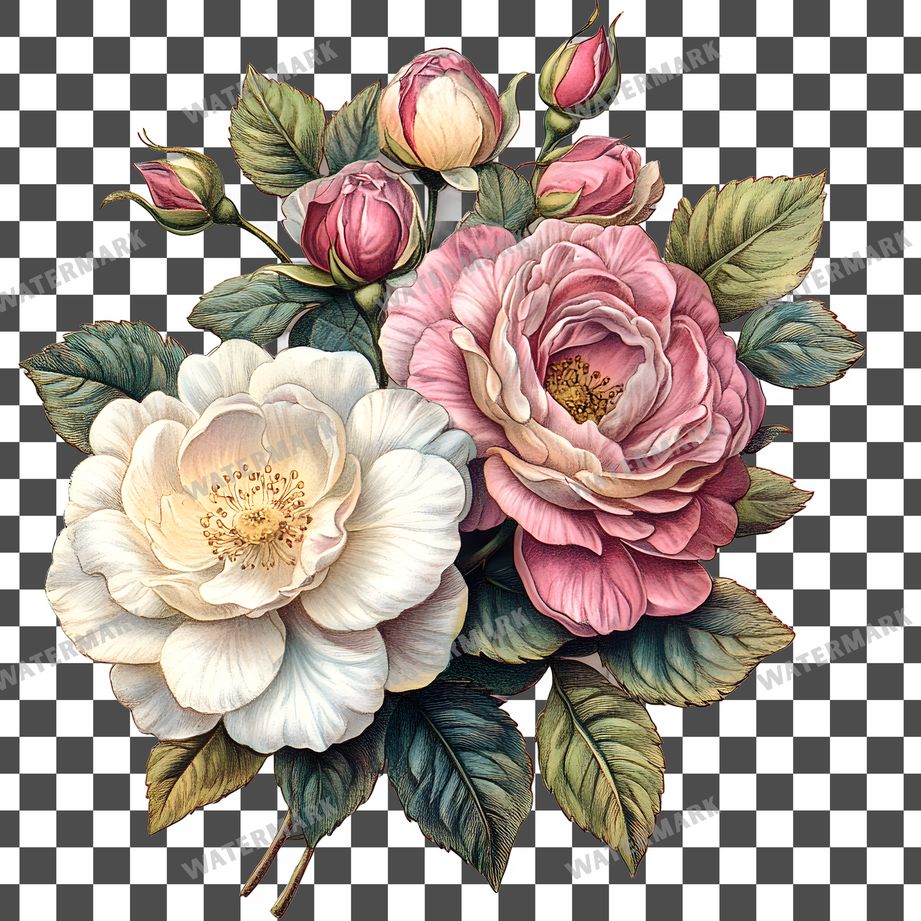 Rose Bouquet Vintage Style clipart PNG on a transparent background, design 1