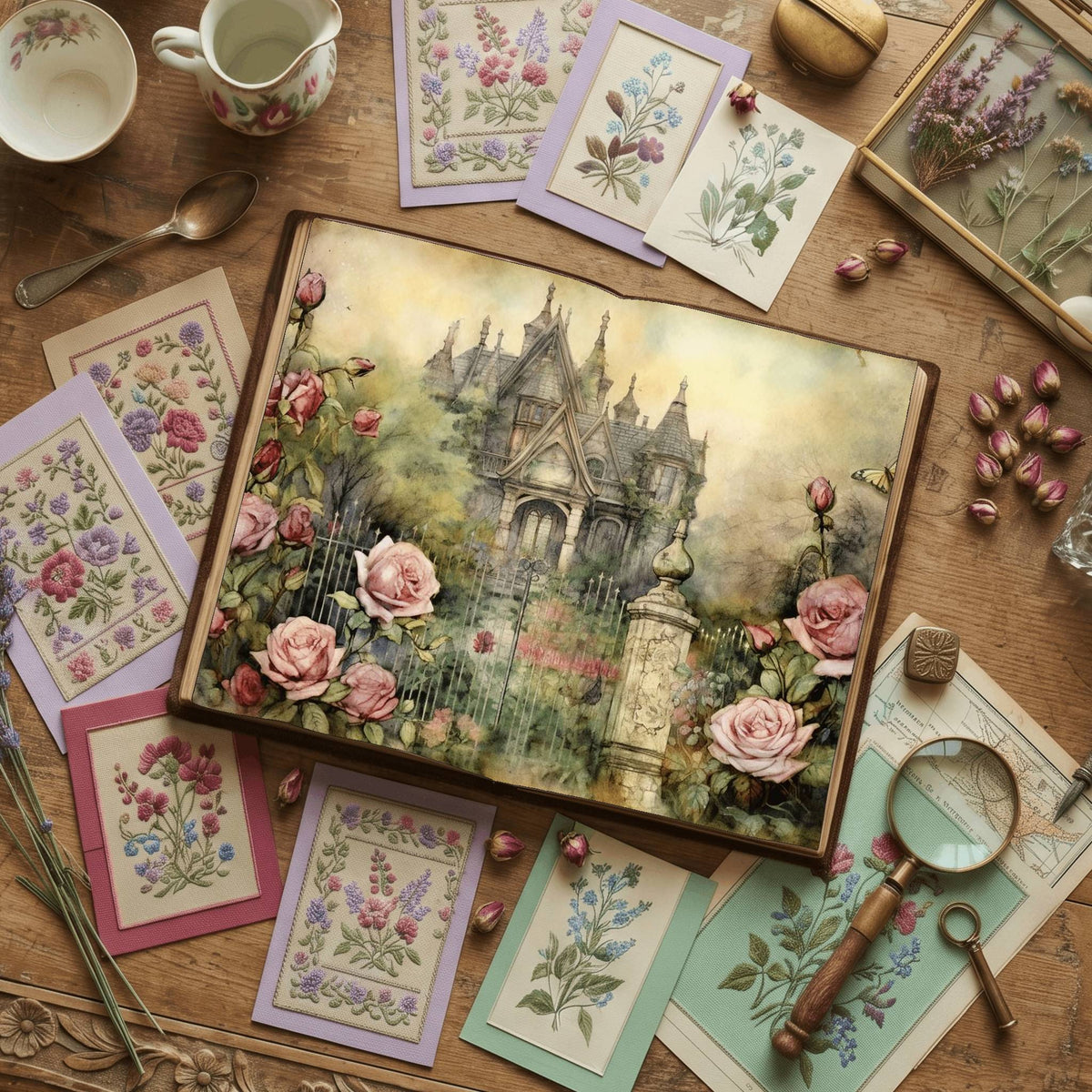 Rose Garden floral printable junk journal papers, digital download preview