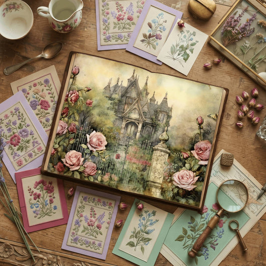 Rose Garden floral printable junk journal papers, digital download preview