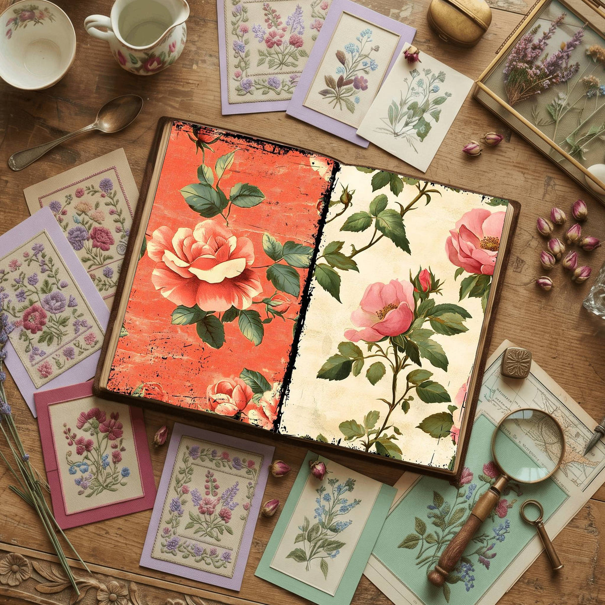 Rose floral printable junk journal papers, digital download preview