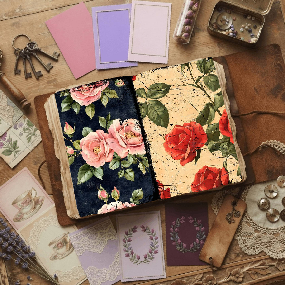 Rose floral printable junk journal papers, digital download preview