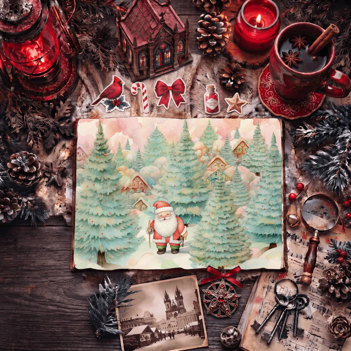Santa Pastel Christmas printable junk journal papers, digital download preview