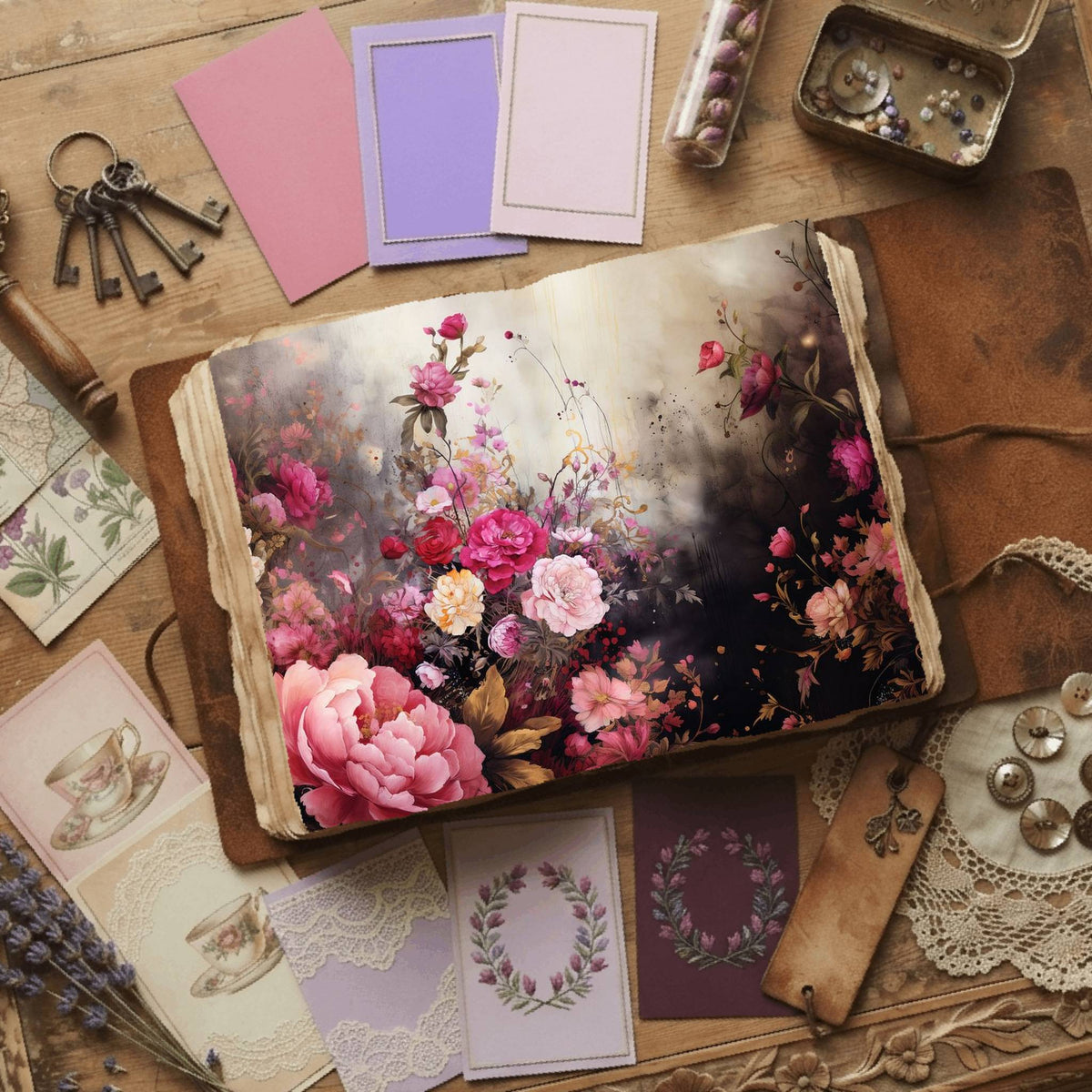 Summer Roses floral printable junk journal papers, digital download preview