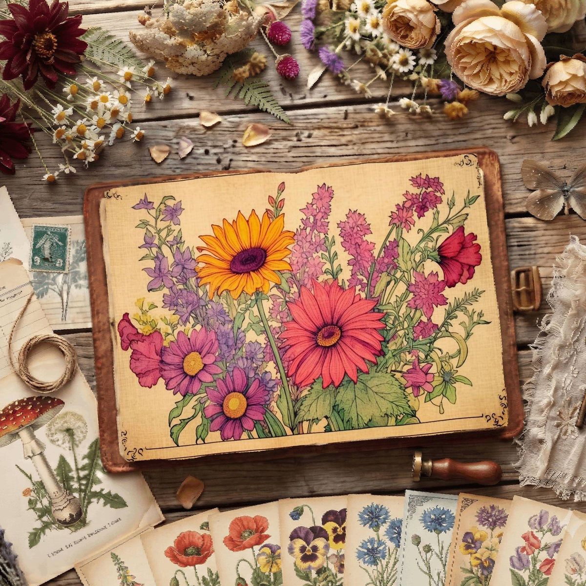 Sunflowers And Roses floral printable junk journal papers, digital download preview