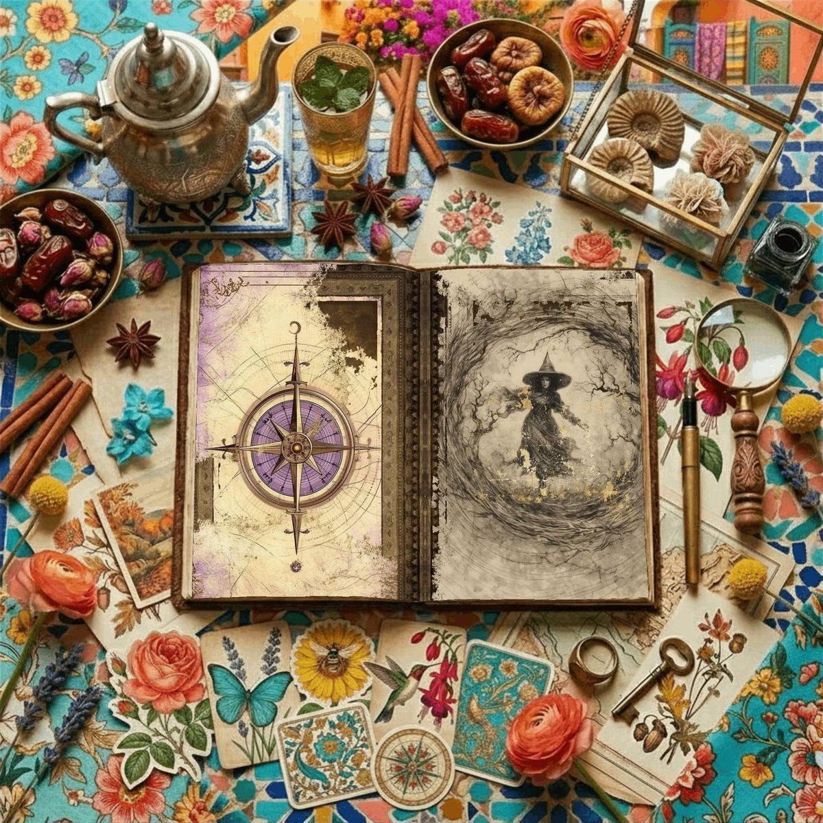 Vintage Witch Halloween printable junk journal papers, digital download preview