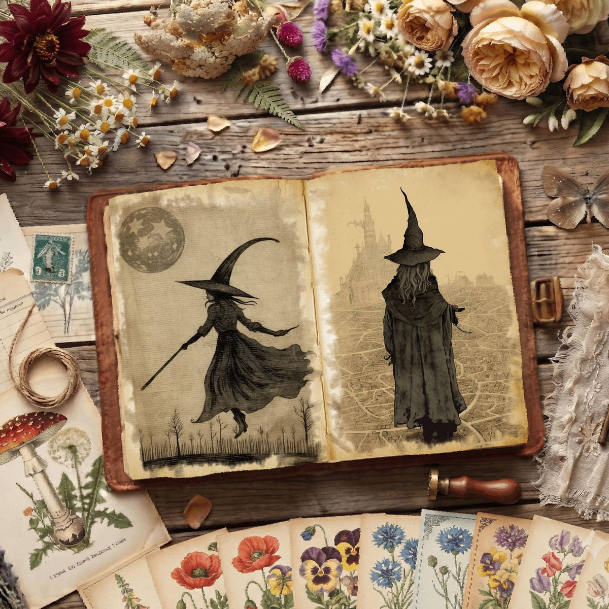 Witch Halloween printable junk journal papers, digital download preview