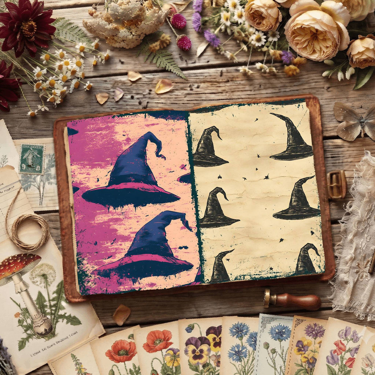 Witch Halloween printable junk journal papers, digital download preview