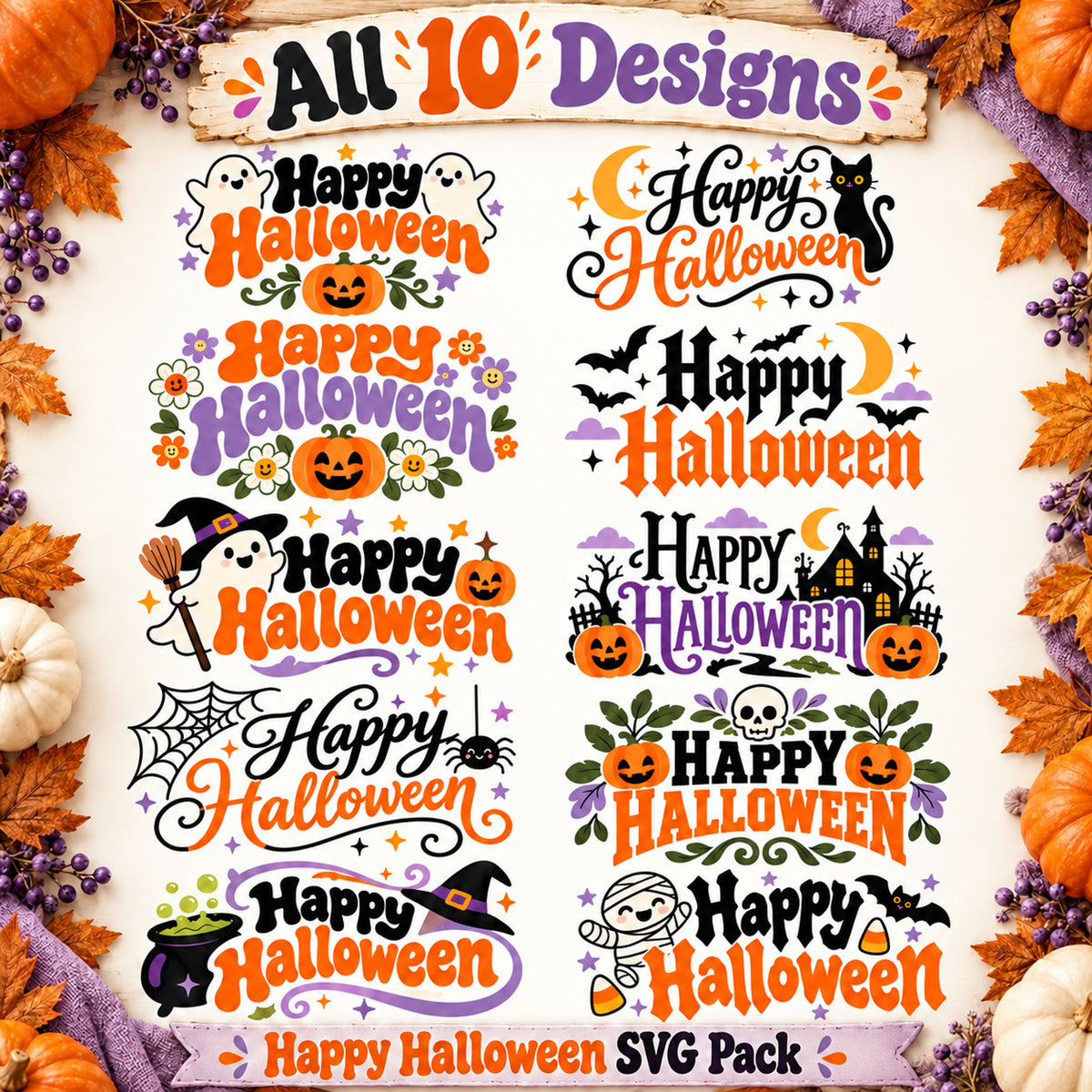 Happy Halloween SVG Pack - 10 Spooky Designs + PNG