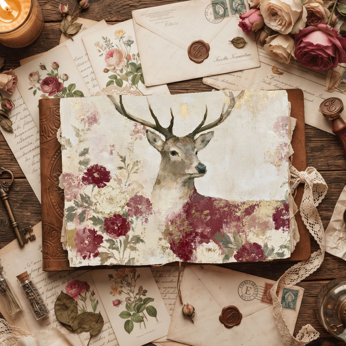 Majestic Stag Damask Botanical Art