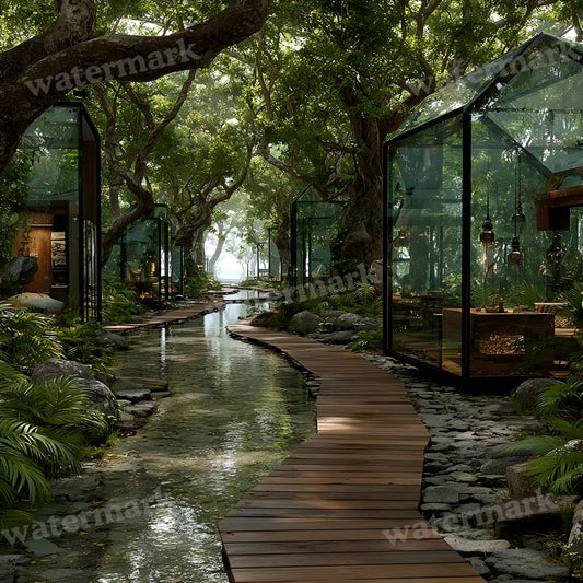 Peaceful Forest With Mushroom Houses Backdrop Images
