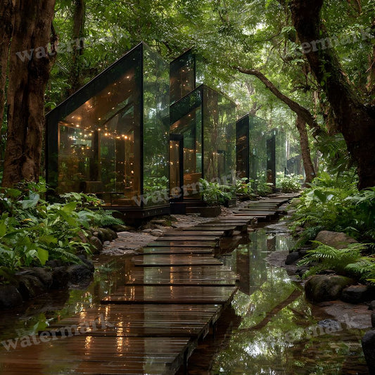 Peaceful Forest With Mushroom Houses Backdrop Images
